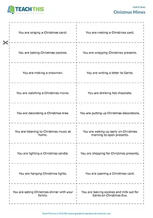 ESL Christmas game preview, intermediate B1, miming, forming sentences, guessing, group work