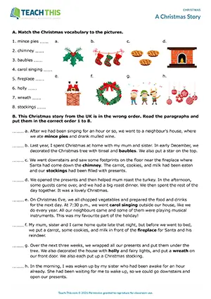 ESL Christmas worksheet preview, intermediate B1, reading, writing, answering comprehension questions, writing a paragraph