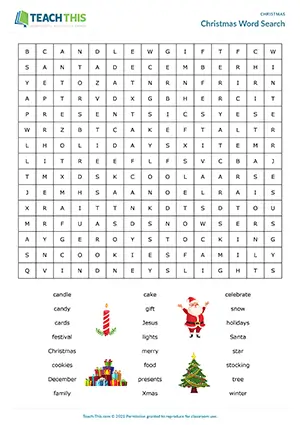 ESL Christmas word search game preview, pre-intermediate A2, word search, forming sentences, group work