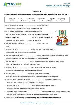 ESL Christmas activity preview, upper-intermediate B2, gap-fill, asking and answering questions, group and pair work