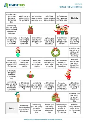 ESL Christmas board game preview, pre-intermediate A2, true or false, asking and answering questions, group work