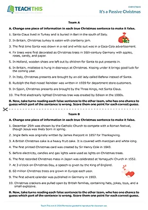 ESL Christmas game preview, upper-intermediate B2, rewriting sentences, true or false, guessing, gap-fill
