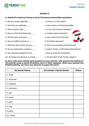 ESL Christmas game preview, upper-intermediate B2, matching, asking and answering questions, guessing