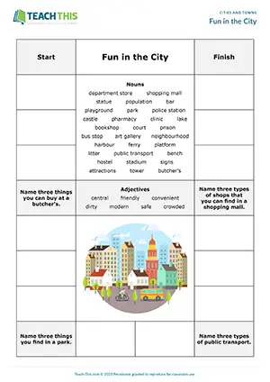 ESL cities and towns board game preview, intermediate B1, matching, sentence completion, group work
