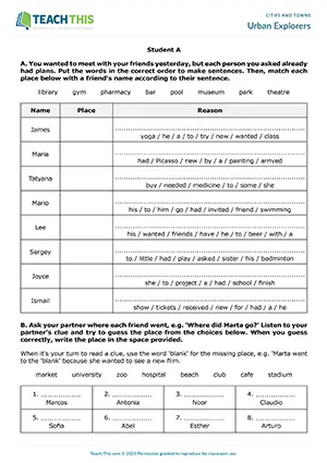 ESL public places activity preview, pre-intermediate A2, unscrambling, matching, guessing, group and pair work