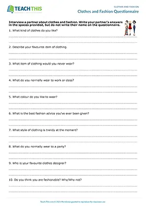 ESL clothes and fashion activity preview, intermediate B1, asking and answering questions, pair work