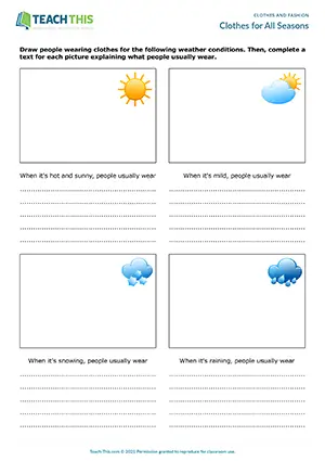 ESL seasonal clothes worksheet preview, elementary A1-A2, drawing, sentence completion