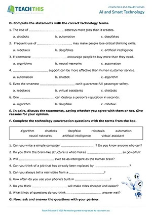 ESL smart technology vocabulary worksheet preview for upper-intermediate B2 students featuring matching, binary choice, gap-fill, guided discussion, communicative practice and pair activities