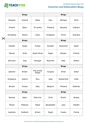 Countries and Nationalities Bingo Preview