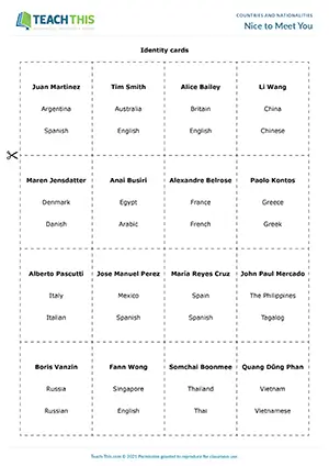 ESL countries and nationalities role-play preview for elementary A1-A2 with introductions and speaking prompts