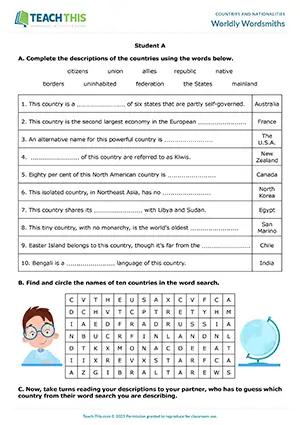 ESL countries game preview for upper-intermediate B2 with gap-fill, word search, and guessing activities