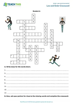 ESL crime, law and punishment activity preview for pre-intermediate A2 with crossword and describing clues
