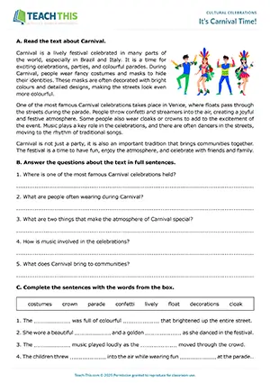 ESL celebrations worksheet and activity preview with reading comprehension, gap-fill, and ordering for Intermediate B1