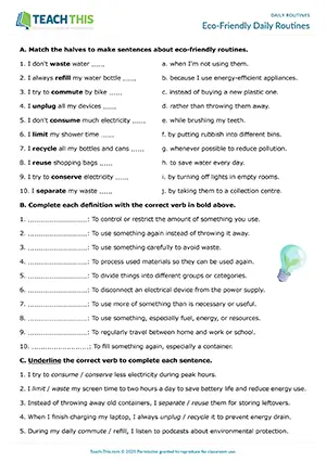 ESL Daily Routines worksheet preview matching, binary choice,
gap-fill, writing sentences for Upper-intermediate B2