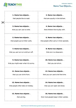 ESL everyday objects game preview with brainstorming and group vocabulary for Elementary A1-A2