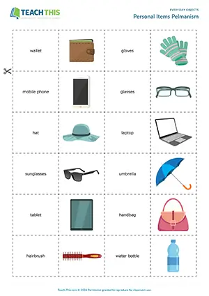 ESL everyday objects vocabulary games preview with matching, pelmanism and sentence making for Elementary A1-A2