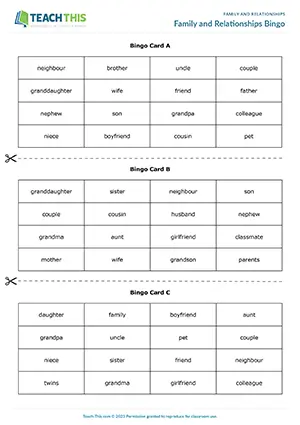 ESL Family and Relationships Game, elementary level A1-A2, group bingo matching vocabulary