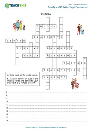 ESL Family Crossword, intermediate B1, writing clues, describing, guessing, pair and group work