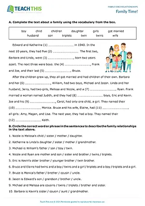 ESL Family Vocabulary Worksheet, pre-intermediate A2, gap-fill, identifying, matching, writing sentences