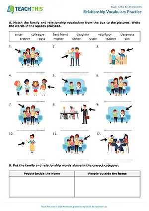 ESL Family and Relationships Worksheet, elementary A1-A2, matching, categorising, unscrambling, gap-fill