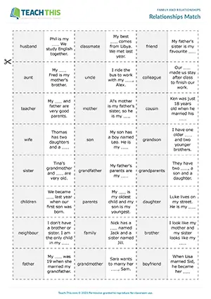 ESL Family and Relationships Games, elementary A1-A2, group matching, describing, guessing