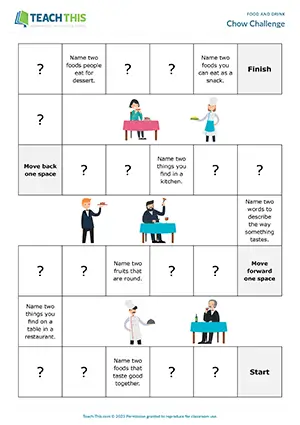 ESL Food and Drink Board Game, elementary A1-A2, multiple-choice questions, guessing, group work