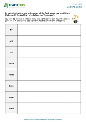 ESL Cooking Verbs Game, pre-intermediate A2, brainstorming, word association, spelling, pair work