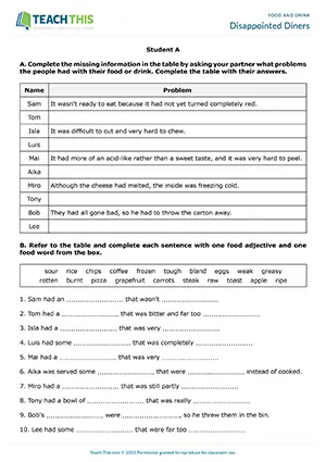 ESL Food Adjectives Activity, upper-intermediate B2, information gap, table completion, gap-fill