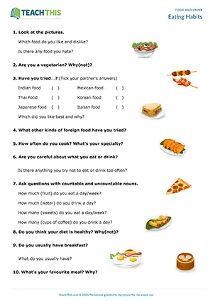 ESL Eating Habits Questionnaire, pre-intermediate A2, speaking, asking and answering questions, pair work