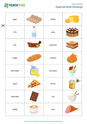 ESL Food and Drink Games, elementary A1-A2, matching, pelmanism, true or false, pair work