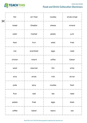 ESL Food and Drink Collocations Game, upper-intermediate B2, matching adjectives and nouns