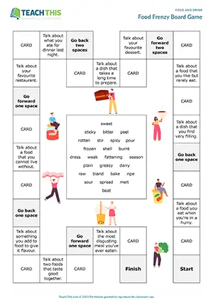 ESL Food Board Game, upper-intermediate B2, gap-fill, impromptu speech, group work