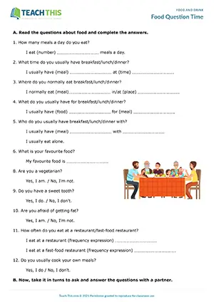 ESL Eating Habits Activity, elementary A1-A2, gap-fill, sentence completion, pair work
