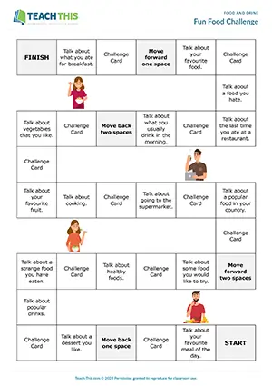 ESL Food and Drink Board Game, pre-intermediate A2, impromptu speech, listing, group work
