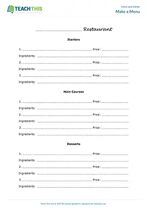 ESL Menu Worksheet, pre-intermediate A2, naming, listing, menu creation