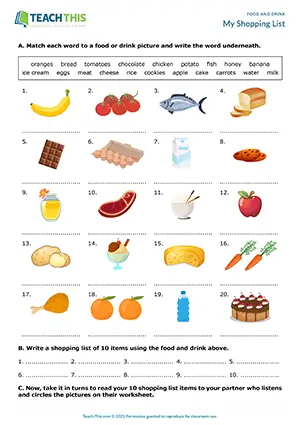 ESL Food and Drink Activity, beginner A1, matching, listing, identifying, shopping list