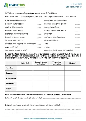 ESL Food and Nutrition Activity, intermediate B1, categorising, table completion, discussion