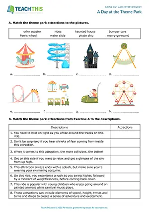 ESL Theme Park Worksheet, upper-intermediate B2, matching, categorising, guided discussion, pair work