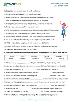 ESL Entertainment Worksheet, upper-intermediate B2, matching, binary choice, gap-fill, pair work