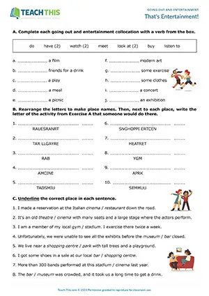 ESL Going Out and Entertainment Worksheet, intermediate B1, matching, unscrambling, gap-fill, pair work