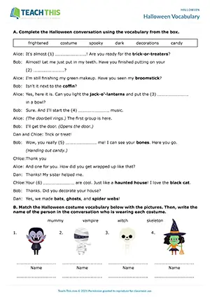 ESL Halloween worksheet preview for intermediate B1 with gap-fill, matching, and Halloween traditions