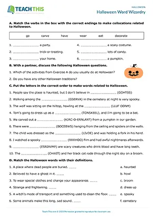 ESL Halloween worksheet preview for upper-intermediate B2 with matching, unscrambling, and conversation practice