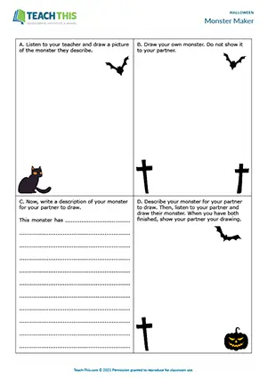 ESL Halloween activity preview for elementary A1-A2 with describing and drawing monsters