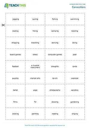 ESL Hobby Games, pre-intermediate A2, categorising, pelmanism, matching, forming sentences, group work