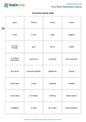 ESL Free-Time Collocations Game, intermediate B1, matching, forming sentences, pair work