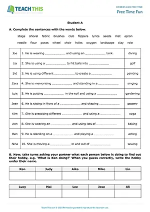 ESL Hobbies Activity, upper-intermediate B2, gap-fill, table completion, guessing, group work