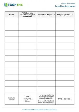 ESL Hobbies Questionnaire, pre-intermediate A2, asking and answering questions, class survey