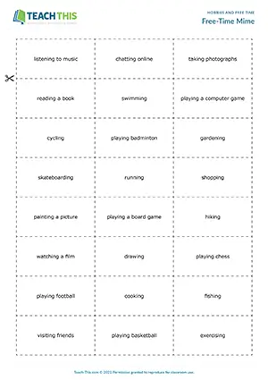 ESL Free-Time and Hobbies Game, pre-intermediate A2, miming, guessing, true or false, group work