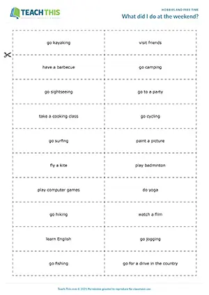 ESL Hobbies and Free-Time Game, intermediate B1, asking and answering questions, past simple, guessing, group work
