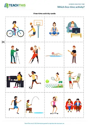 ESL Hobbies Game, intermediate B1, writing questions, asking and answering, guessing, pair work